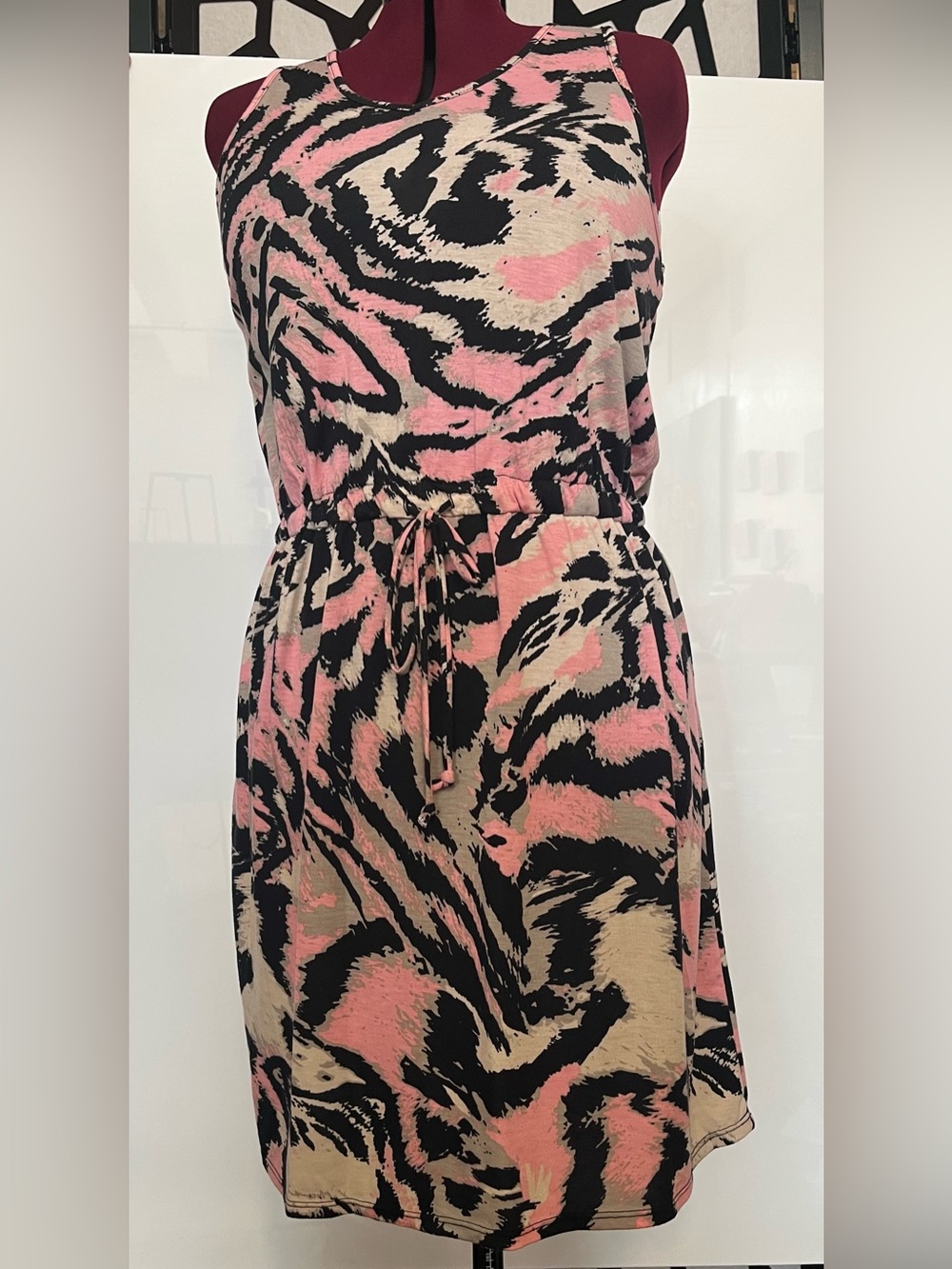 Faded Glory Pink Black Beige Abstract Print Sleeveless Mini Dress